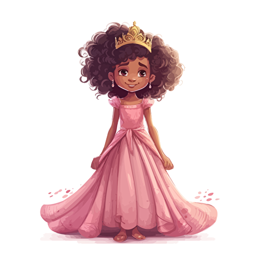 vector illustration of a cute, adorable, beautiful little mixed race girl princess, with wild curly hair, standing, wearing a beautiful pink long dress and a golden crown on her head, in vivid colors