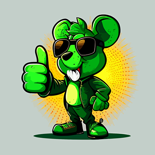 green mouse, vector image, Basil, twitch emote, sun glasses with a thumbs up, clean illustration, cartoon, emoji