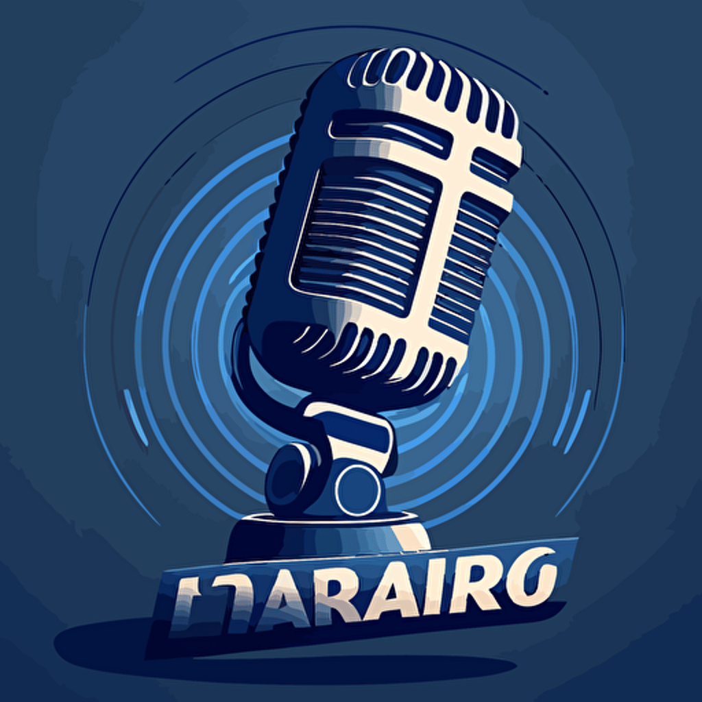 a 2D vector logo for a podcast, microphone, blue background, simple