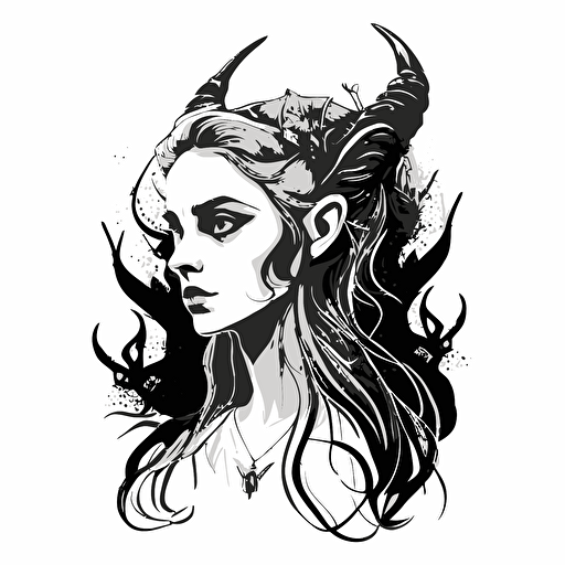 elven girl with horns doodle vector ilustration black and white