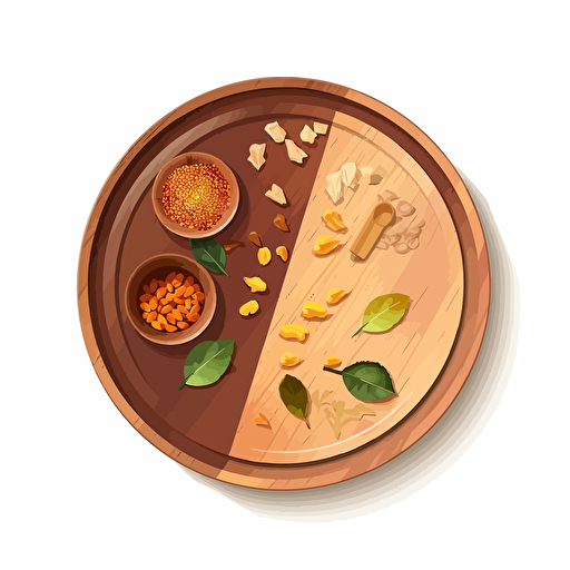 minimalist vector illustration of indian food plate . Top perspectivr closeup on a wooden table. Strong light and shadow. Style of Malika Favre and Owen Davey
