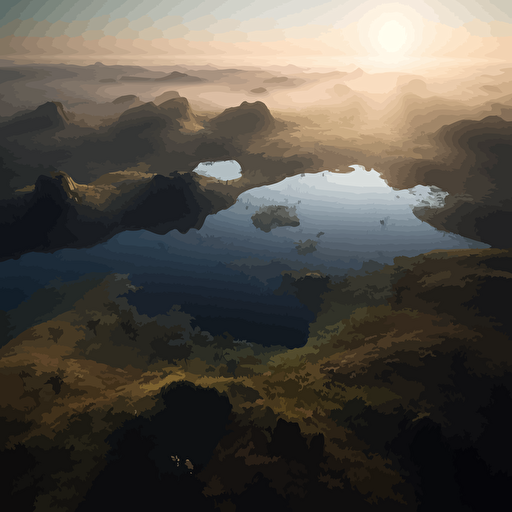 As the sun slowly rises over the eastern horizon, the serene landscape of three hills and a tranquil lake below comes into view. Each hill is taller than the last, creating a stunning gradient of heights. A magnificent Geranoaetus melanoleucus, soars majestically overhead, surveying the vast expanse below. The scene is still somewhat dark, but the first rays of sunshine illuminate the edges of the hills and begin to brighten the sky. In the topmost part of the image, the moon is visible, a ghostly presence in the daytime sky. Surrounding the lake are numerous weeping willows, their delicate branches swaying in the light breeze, illustration design vector, vector art, illustration colorful