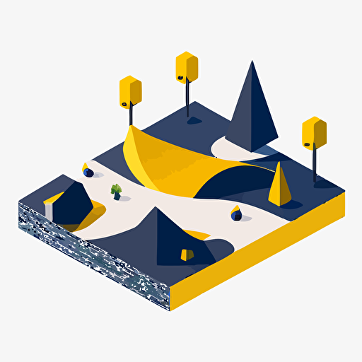 2d flat vector of a skatepark in Sweden, white background, dark blue and Warg yellow colors