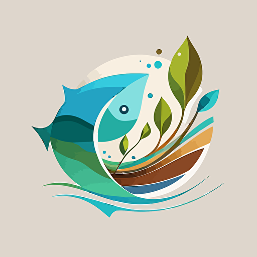 a flat vector logo of a stylized wave, fish, with blues, greens, earth tones by paul rand