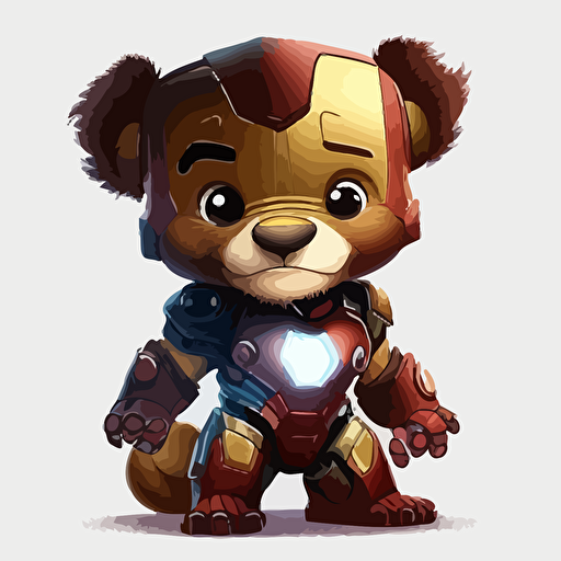 A saturated colorfull baby fur iron man, goofy looking, smiling, white background, vector art , pixar style