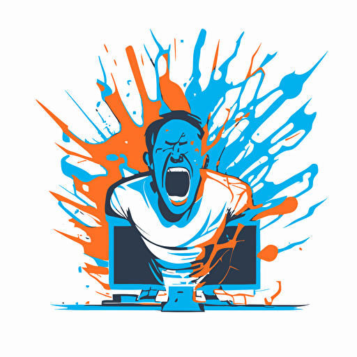 a modern futuristic minimal vector logo of a gamer nerd raging in front of a computer because he lost an important game, orange blue white background