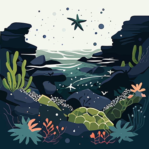 tidepool on a rocky coast, sea stars on rocks, kelp, minimalist design, fun vibe, vector, 2d, flat