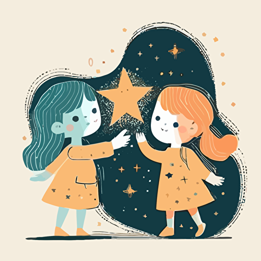 two young girls trying to touch a star, in vector style, 1:1, illustrator style