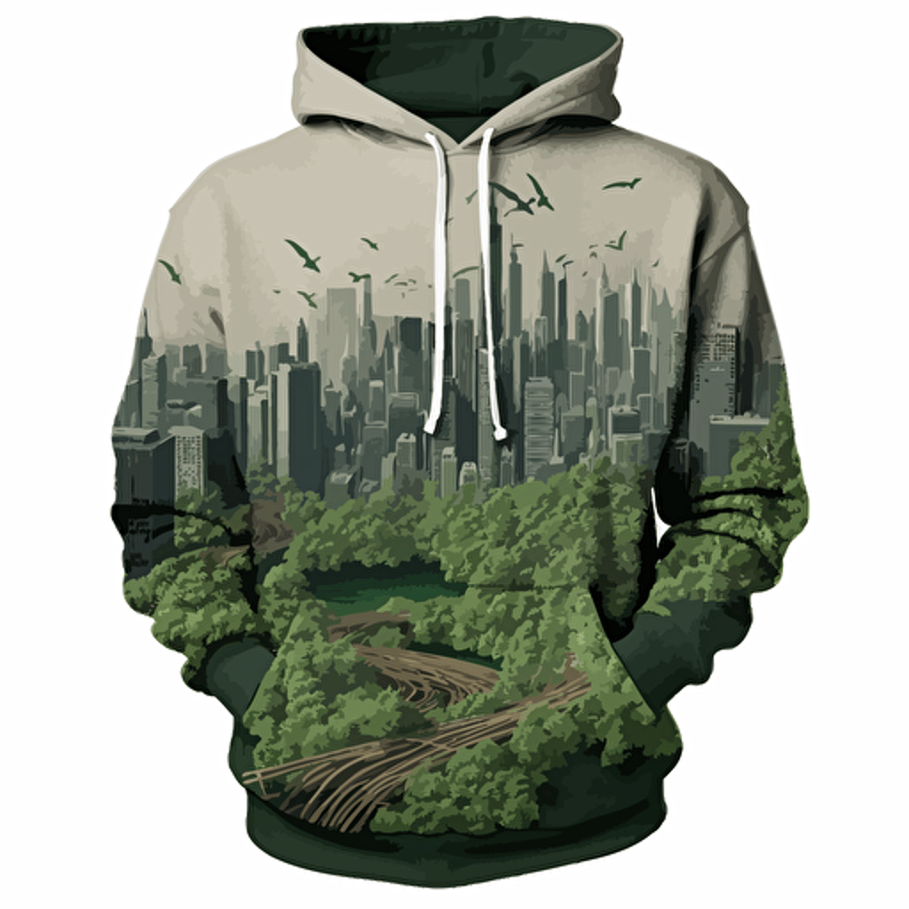 Depict an urban landscape with elements of nature intertwined. Embroider skyscrapers or city buildings along with trees, vines, or ivy creeping up the structures. Use a combination of green and gray threads to create a visually striking contrast. This design will bring a fusion of urban and natural aesthetics to the hoodie, simple, vector,