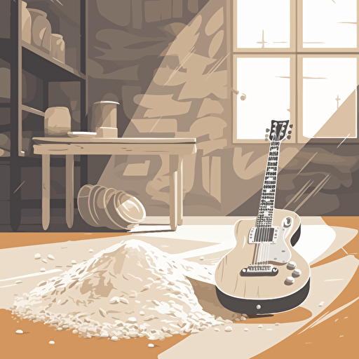 the guitar is lying next to a pile of flour, positive, sunny, bright, rockers studio in the background, stylization vector