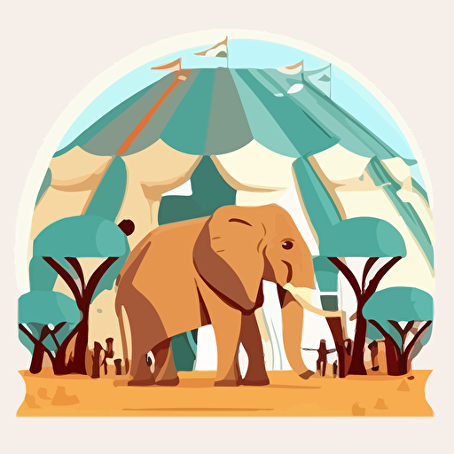 panoramic shot, elephant in zoo, majestic, children's book disney style, flat colors, 2d, vector, white background