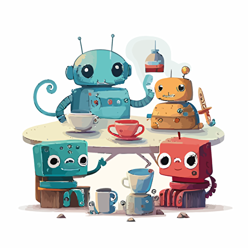 fun tea time in the mid-morning, little friends and robots sittiing together, vector illustration
