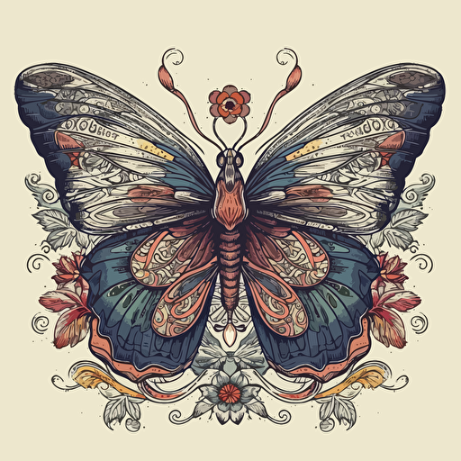 a beautiful moth with a surrounding floral design in detailed drawing style + simple vector + bright colors on a white background