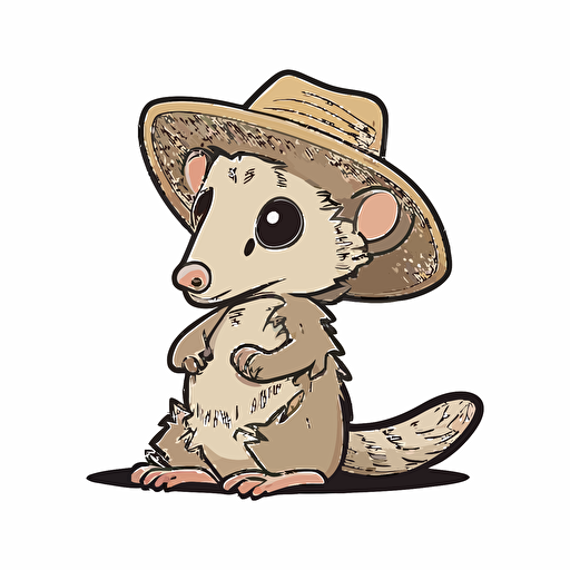 one color vector style cartoon opossum wearing straw hat, transparent background, welcome pose
