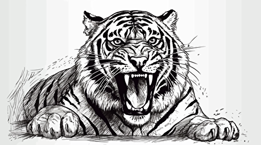 roaring bengal tiger maskot, minimalistic vector line drawing, black ink on white background