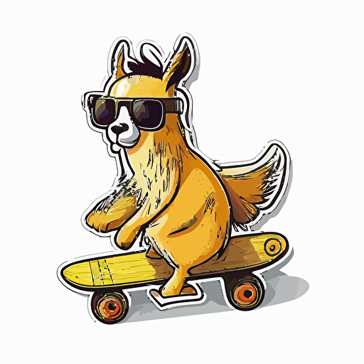 A llama riding a skateboard with sunglasses on, Sticker, White background, Cartoon, Vector