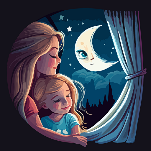 A cute cartoon little girl with long blonde hair and blue eyes being tucked into bed by her pretty Mama. The window is open and the moon and stars can be seen, vector, ar 2:3, illustration