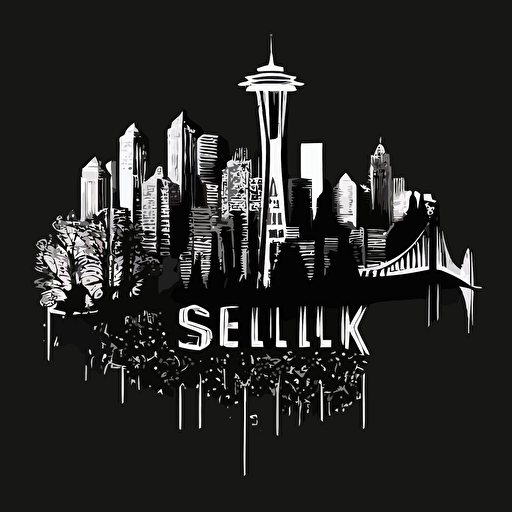 seattle skyline, vector on the black background, black and white