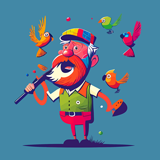 Playful, brightly coloured, caricature, cartoon style, vector, solid colour, old scottish man with beard and golf hat shooting at birds