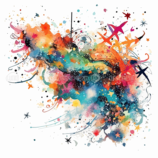 galaxies, stars, randomly distributed whimsical vector digital painting, white background