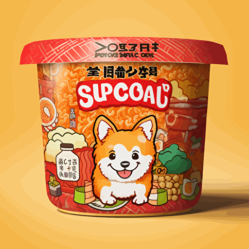 a japanese Instant noodles packaging design with happy chibi corgi anime mascot and color labels, with bowl of chicken noodles, vibrant colors, vivid colorful, cute, adorable, intricately