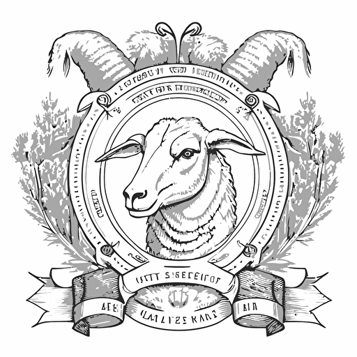 line drawing coat of arms, iowa barn, sheep head, corn wreath, Vector