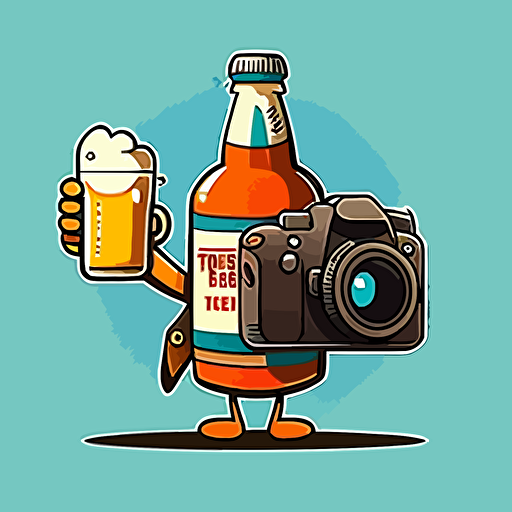 a cartoon beer bottle vector illustration, with hands, holding camera