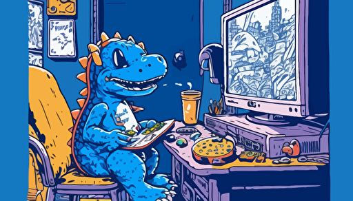 a panel from a Shōnen manga depicting a cute blue adolescent dinosaur playing videogames, movie posters, comic style by akira toriyama, messy room, funny, color pop, flat vector art, bright colors, high resolution