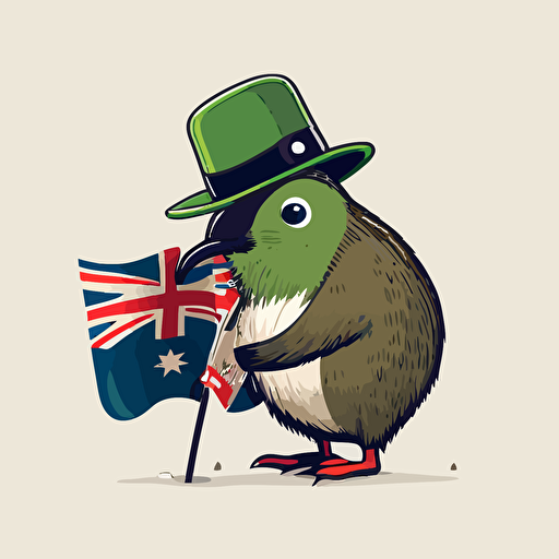 vector line drawing of kiwi bird holding a flag with a bowler hat in the center of the flag