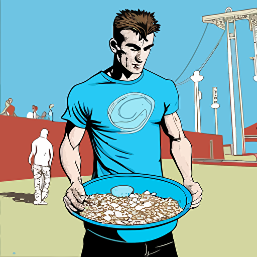 gta san andreas style drawing of a young man standing on center of a playground and eating cereals from bowl, digital drawing, vector, hd