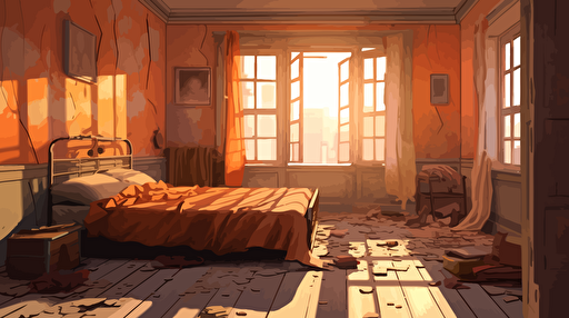 old decrepit orange old bedroom illustration, vector, 2d animation