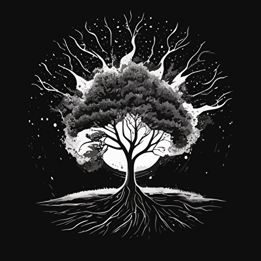 white and black vector image of magical tree surrounded by a forcefield