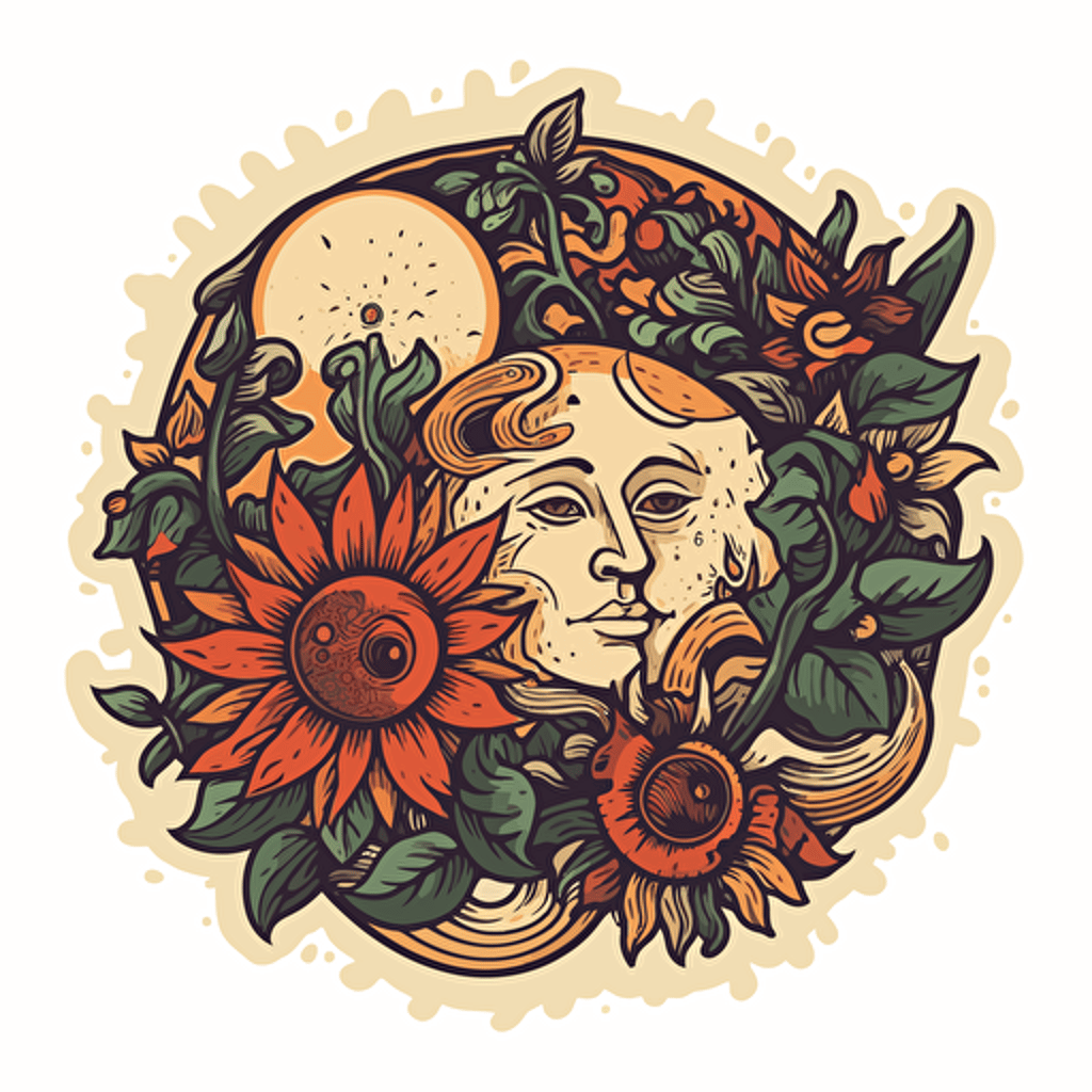 vector sticker of the sun and moon with nature and life coming out of them