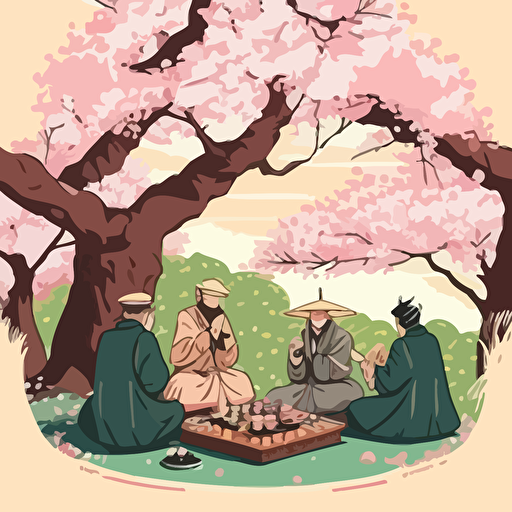 Drawing from the Japanese tradition of hanami, design a vector illustration of Satoshi Nakamoto and his friends enjoying a picnic under blooming cherry blossom trees in a picturesque park. Set the scene during a beautiful spring day.