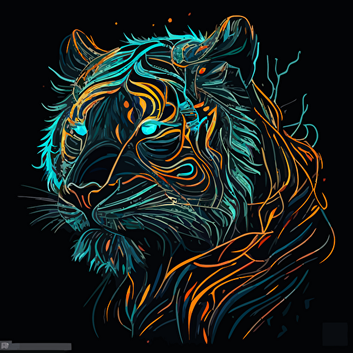 Tiger, sticker, triumohant, neon, anime, contour, vector, black background, detailed