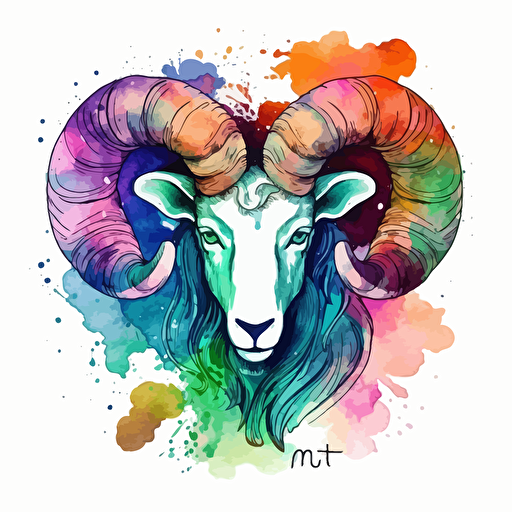 vector line drawing of aries symbol, no ram head, with multicolor, watercolor background.