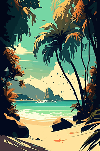 Digital art, tropical beach, landscape, vector illustration, stilized, high spot, hd
