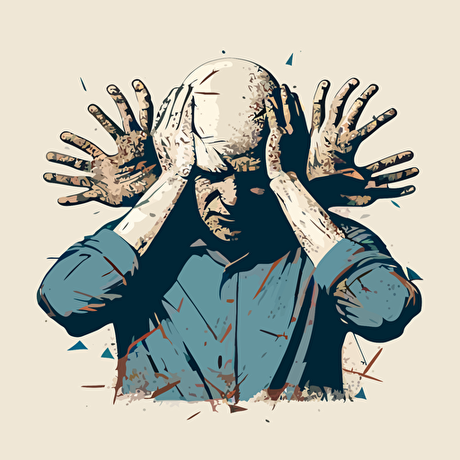 vector image, grundge, bald person with lots of hands covering his face from muliple directions