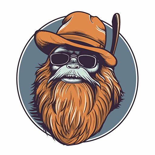 fly fishing bigfoot with baseball hat and sunglasses, in style of outdoor logo, isolated on white, no background, vector art