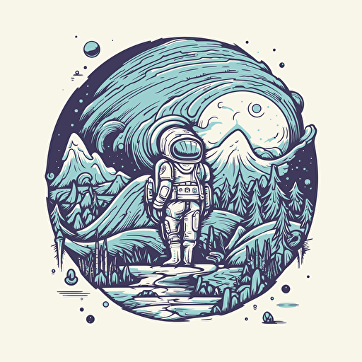 An astronaut explores an alien planet, A spacecraft hovers in the background, Cool blues and grays evoke mystery, Intricate details add depth and texture, Comic vector illustration style, flat design, minimalist logo, minimalist icon, flat icon, adobe illustrator, cute, simple