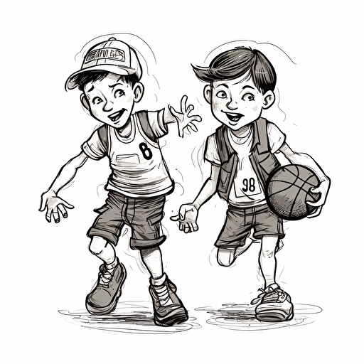 Vector illustration, black ink of two handsome, happy 9 years old boys playing basketball with white background