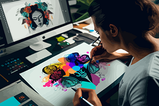 A person designing a logo at the center of the image using illustrations, vectoral, a fashion color palette, in 12k UHD