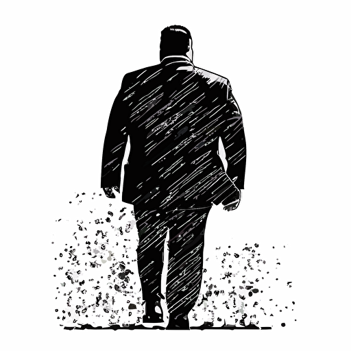 Black and white. back view of a fat person wearing a buisness suit. Simple Vector Art. White background
