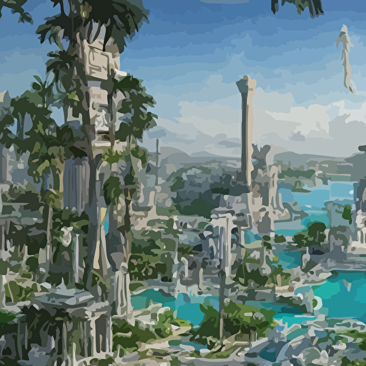  matte painting water city atlantis grec greeble temple olymp glory sun shaft zeus sky tower statue pantheon ivy plant grow flower white marble gold incrusted pools tropical forest palm trees aquaparks parks green towers legends adn red flag dynasty frank lloyd wright zaha hadid torch volume light stylized illustration digital airbrush painting 3d rim light hyperrealistic masterpiece artstation cgsociety kodakchrome golden ratio waterfall