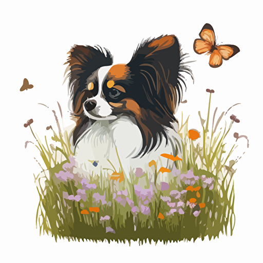 a papillon dog playing in a field of wildflowers, vector art logo, whimsical, white background