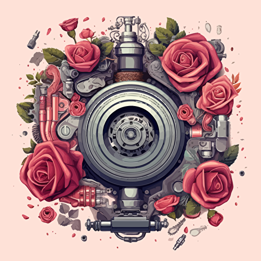 collage of car rim, turbocharger and suspension , with roses around, vector style, print quality