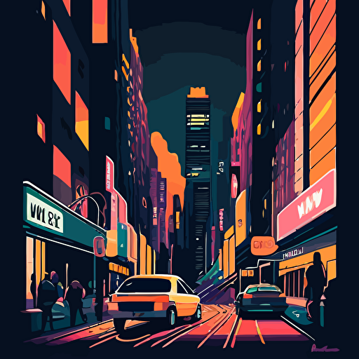 Create a cityscape vector image of a bustling metropolis at night, with towering skyscrapers illuminated by colorful neon lights, and a bustling street scene with cars, taxis, and people moving about.