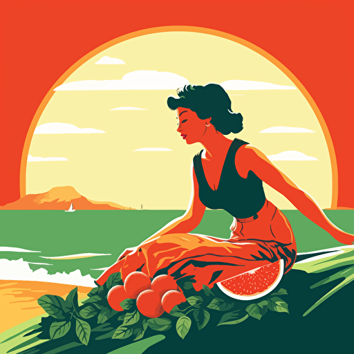 girl on the beach eating watermelon, pin-up style, vector style