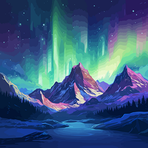 snowy mountains, aurora borealis, vector v5 ar 16:9