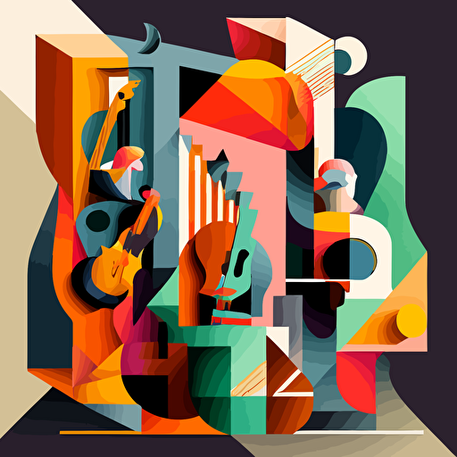 Inspired by Pablo Picasso's Cubism, create a vector illustration of a lively music concert where the musicians, instruments, and audience are depicted using geometric shapes and a limited color palette. Set the scene in a modern-day setting.